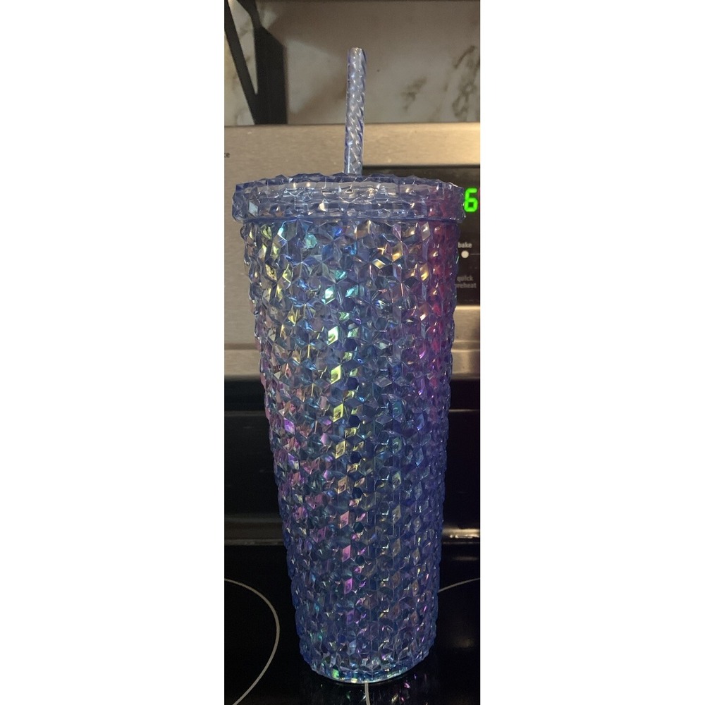 26oz Textured Tumbler cup w/ Lid & Straw, Mainstay Iridescent Blue